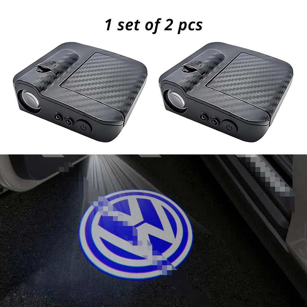 Wireless door projector light with Volkswagen-style logo option for compatible car door welcome lighting.