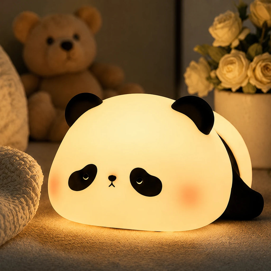 Cozy panda night light glowing on a bedside table for cozy nighttime ambiance