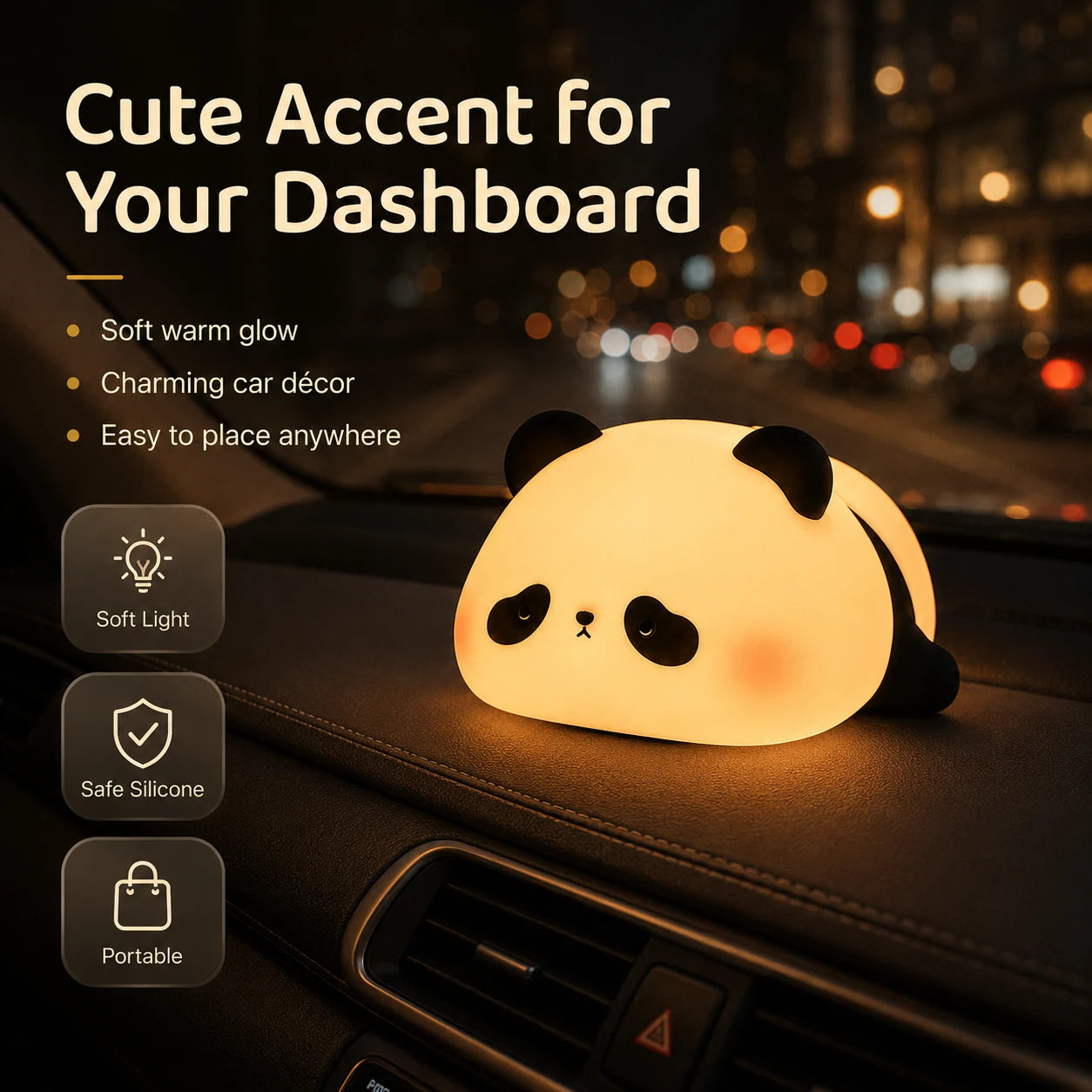 Cozy panda night light glowing on a parked car dashboard at night