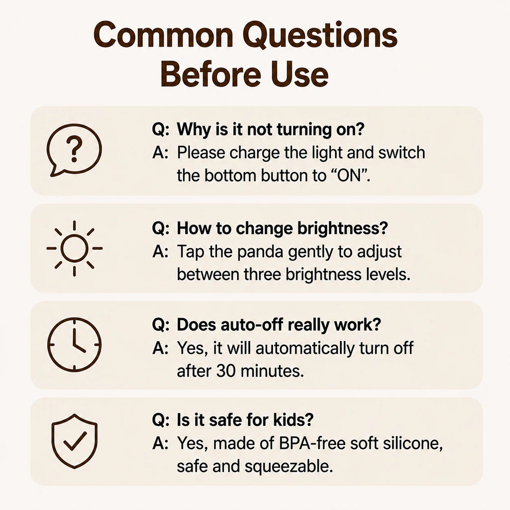 Cozy panda night light common questions covering power, brightness, timer, and silicone material