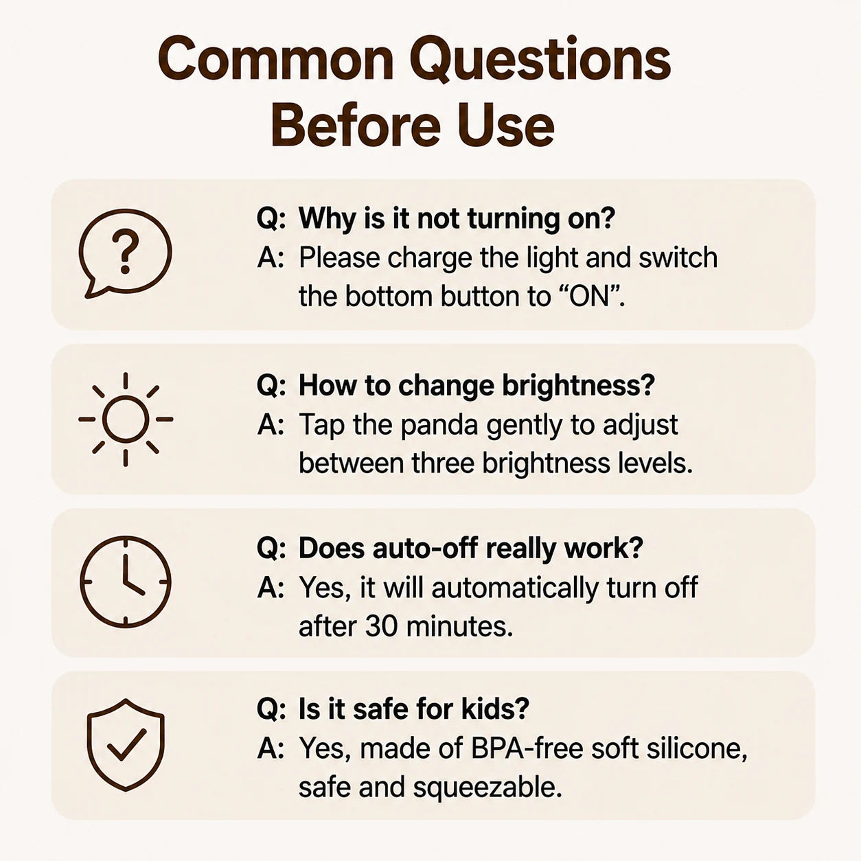 Cozy panda night light common questions covering power, brightness, timer, and silicone material