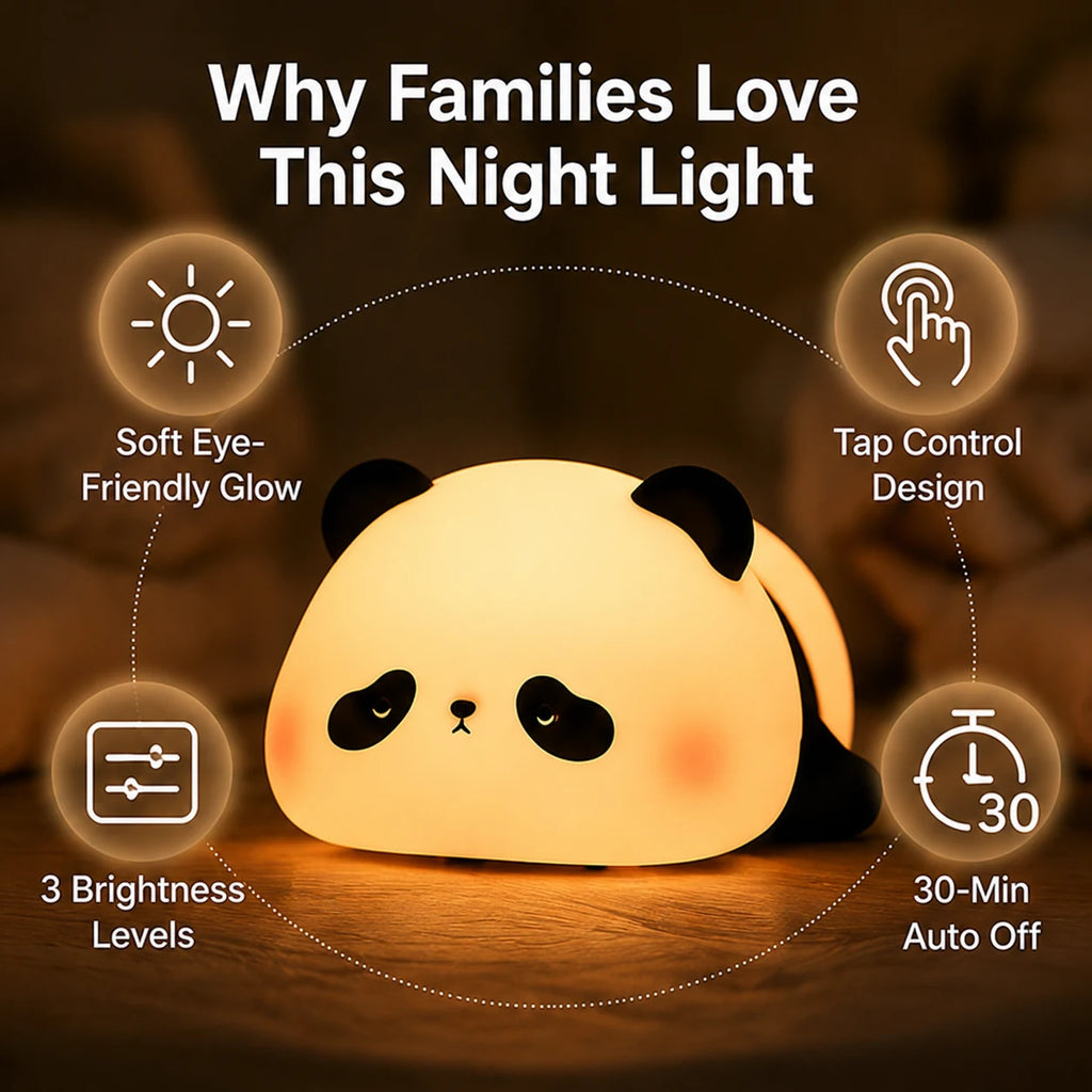 Cozy panda night light showing soft glow, tap control, 3 brightness levels, and 30-minute timer