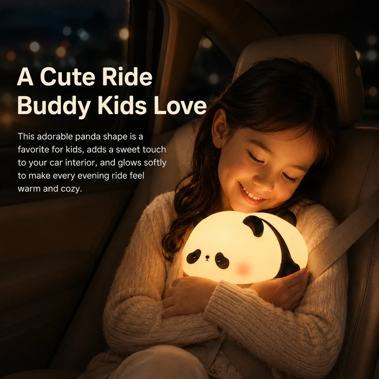 Child holding cozy panda night light as a warm companion for car rides and bedtime