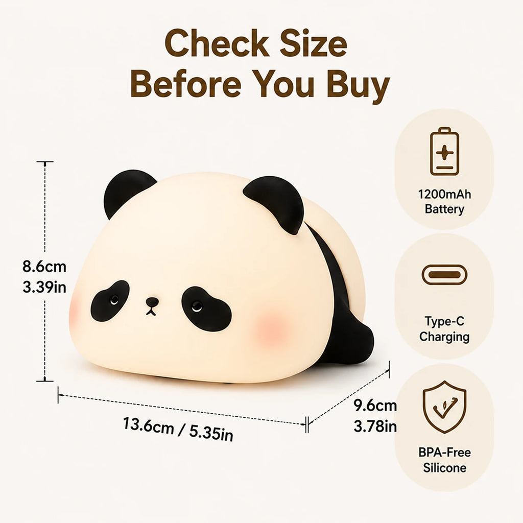 Cozy panda night light size chart with 1200mAh battery, Type-C charging, and silicone body