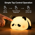 Cozy panda night light tap-control steps for turning on, changing brightness, and powering off