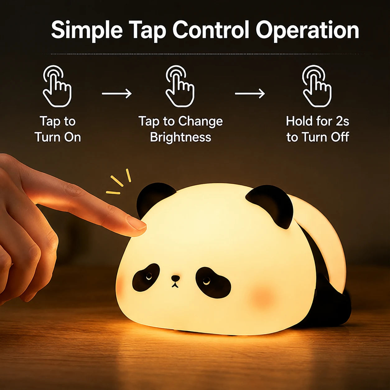 Cozy panda night light tap-control steps for turning on, changing brightness, and powering off