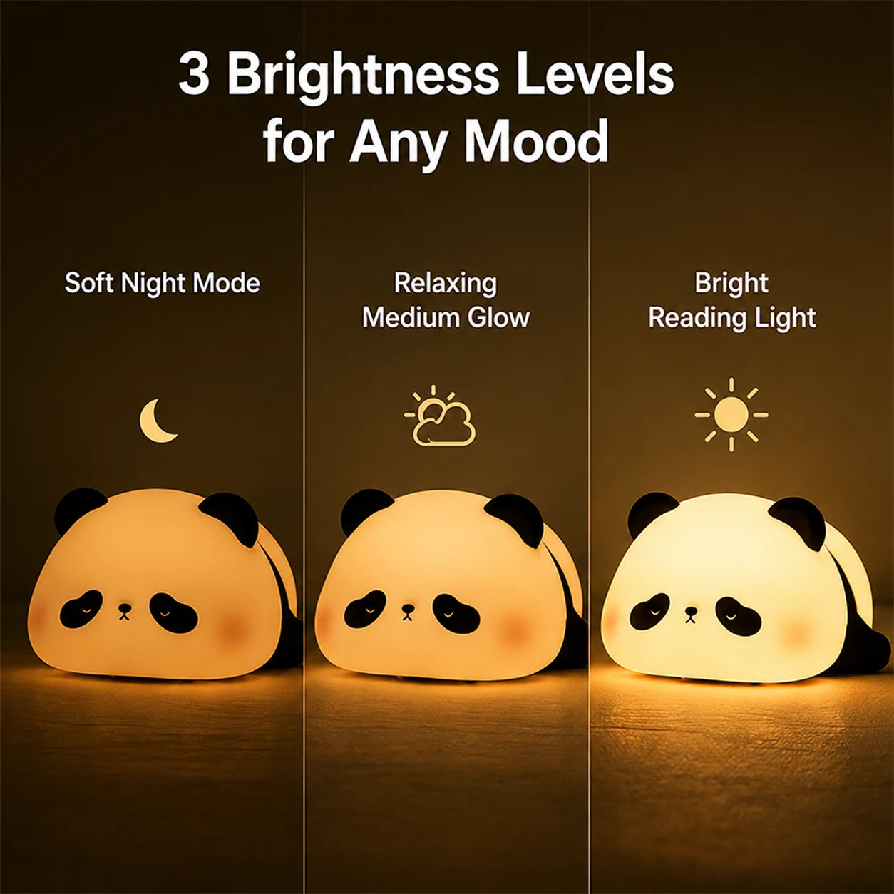 Cozy panda night light with soft, medium, and bright modes for different moods