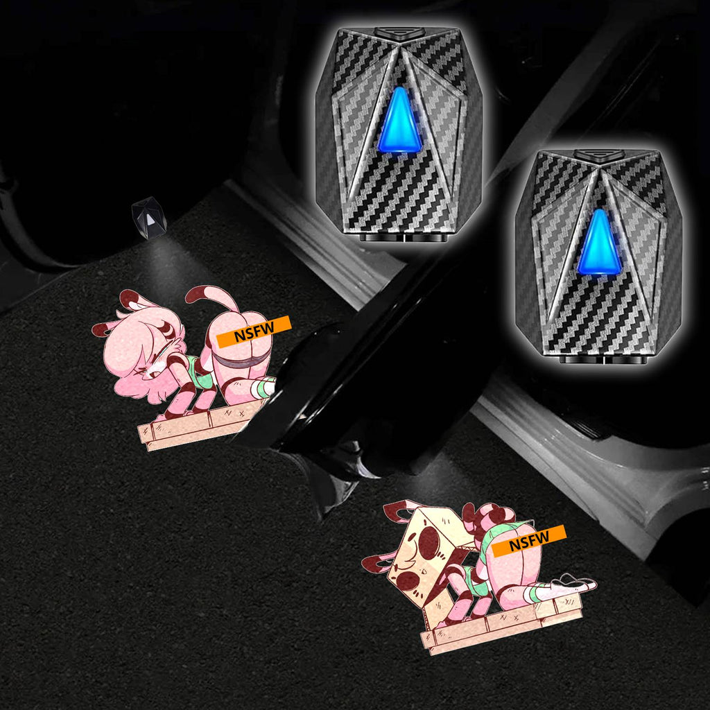 Custom artwork car door projectors casting animated welcome designs beside the vehicle when the doors open.