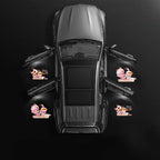 Custom car door projectors create matching artwork projections around multiple doors for a personalized night entry.