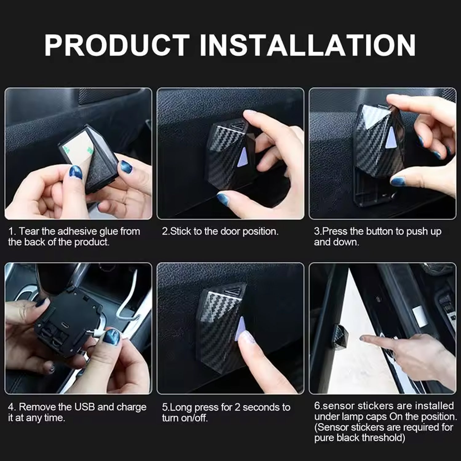 Custom door projector installation steps with adhesive base, switch position, and door alignment for welcome projection.