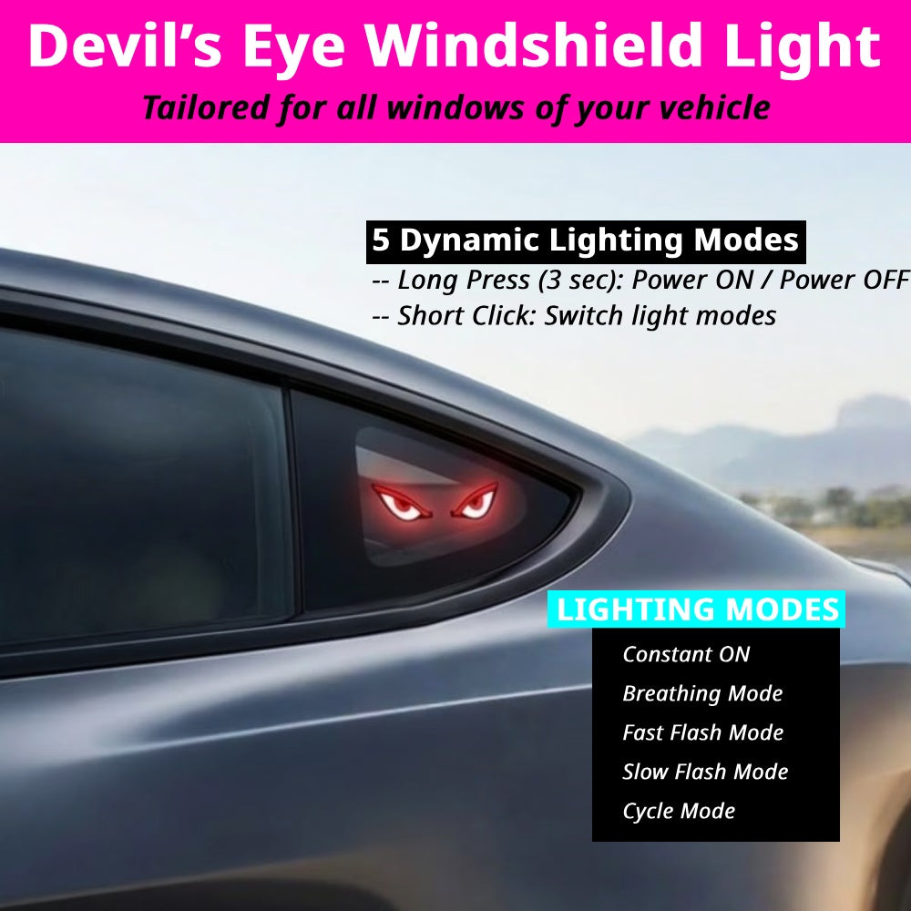 Devil Eyes windshield light adds dynamic red eye effects with long press, short click, and quick flash lighting modes.