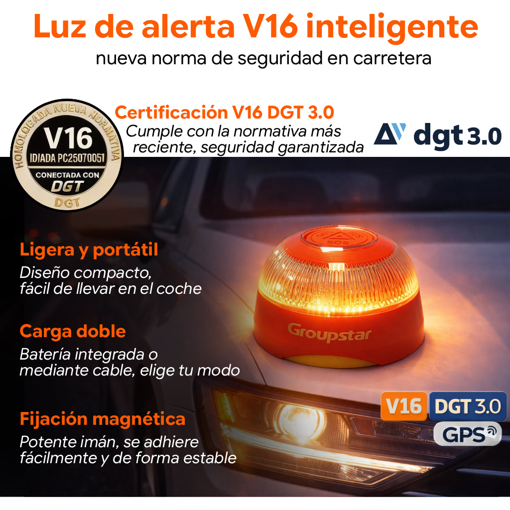 DGT approved V16 beacon with GPS, magnetic mounting, double battery setup, and portable roadside warning design.