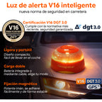 DGT approved V16 beacon with GPS, magnetic mounting, double battery setup, and portable roadside warning design.