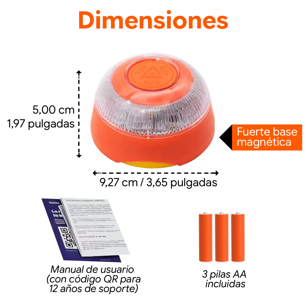 DGT V16 beacon dimensions with 3.65-inch width, magnetic base, user manual, and included AA batteries.