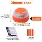DGT V16 beacon dimensions with 3.65-inch width, magnetic base, user manual, and included AA batteries.