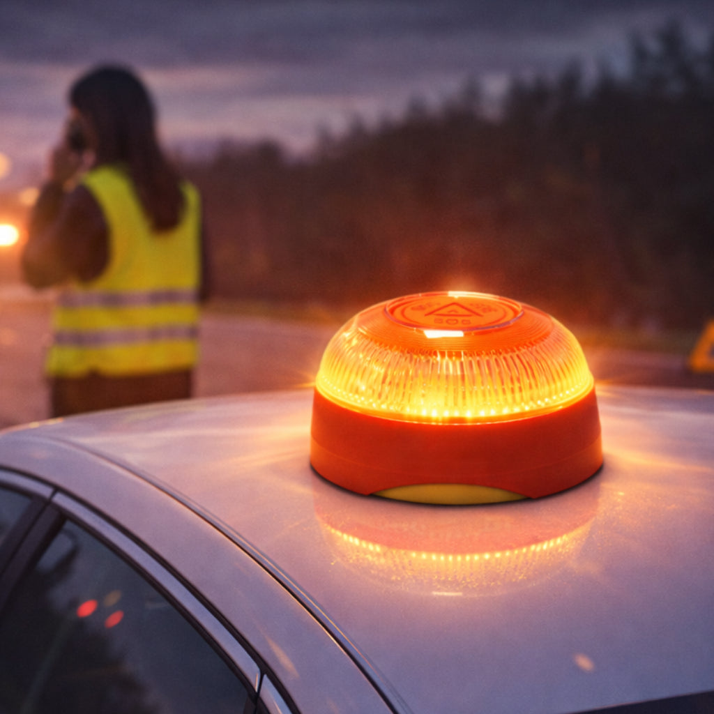 DGT V16 emergency beacon with GPS on a vehicle roof for roadside warning visibility during breakdowns.