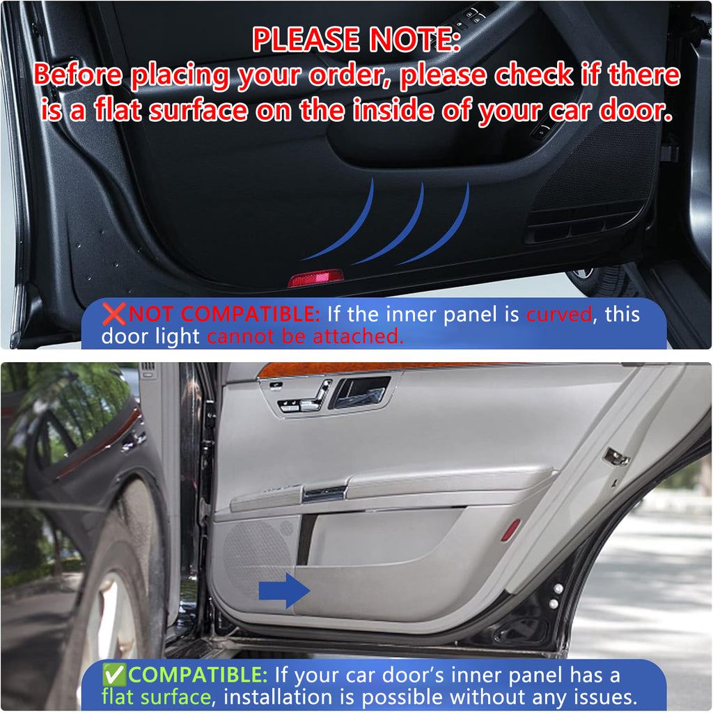 Door panel compatibility guide for adhesive car door projectors on flat inner trim surfaces with enough mounting space.