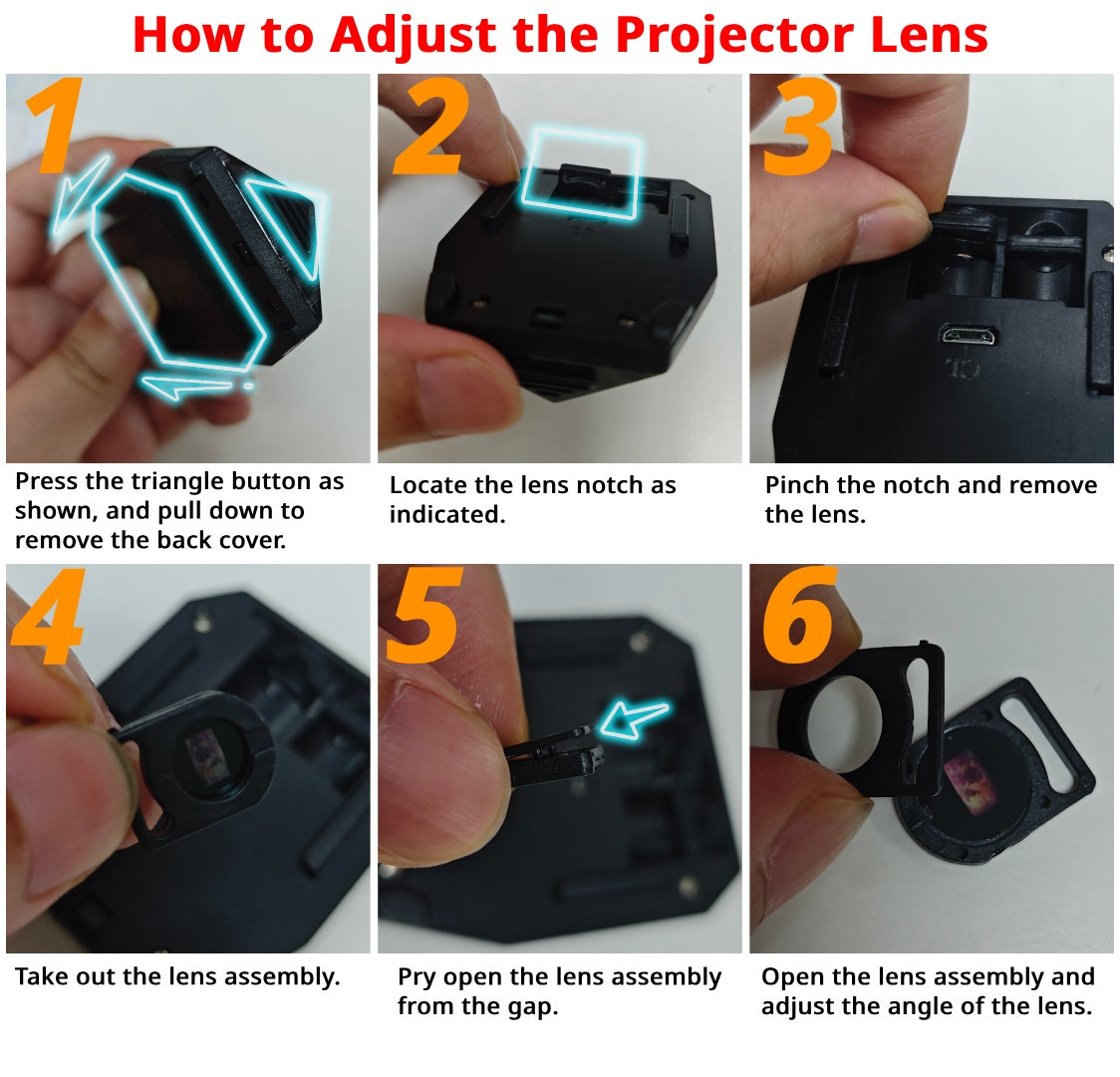 Door projector lens adjustment guide helps you open the lens assembly and fine-tune the projection frame when needed.