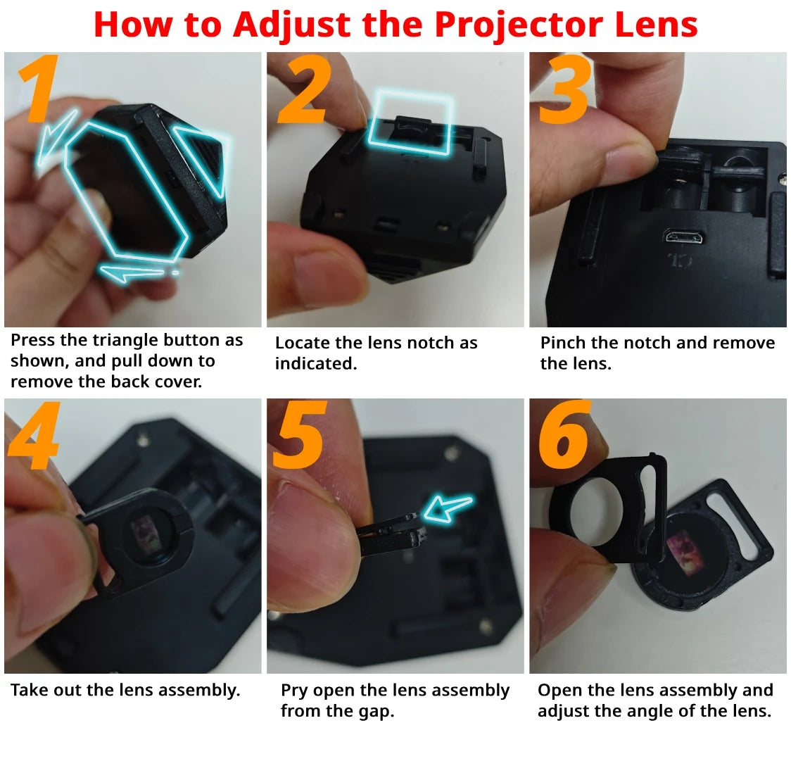 Lens adjustment guide for fine-tuning the projected artwork angle on the rechargeable door projector.