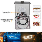 Daytime running headlight LED strip package with wiring, instructions, and installed white and amber lighting examples.