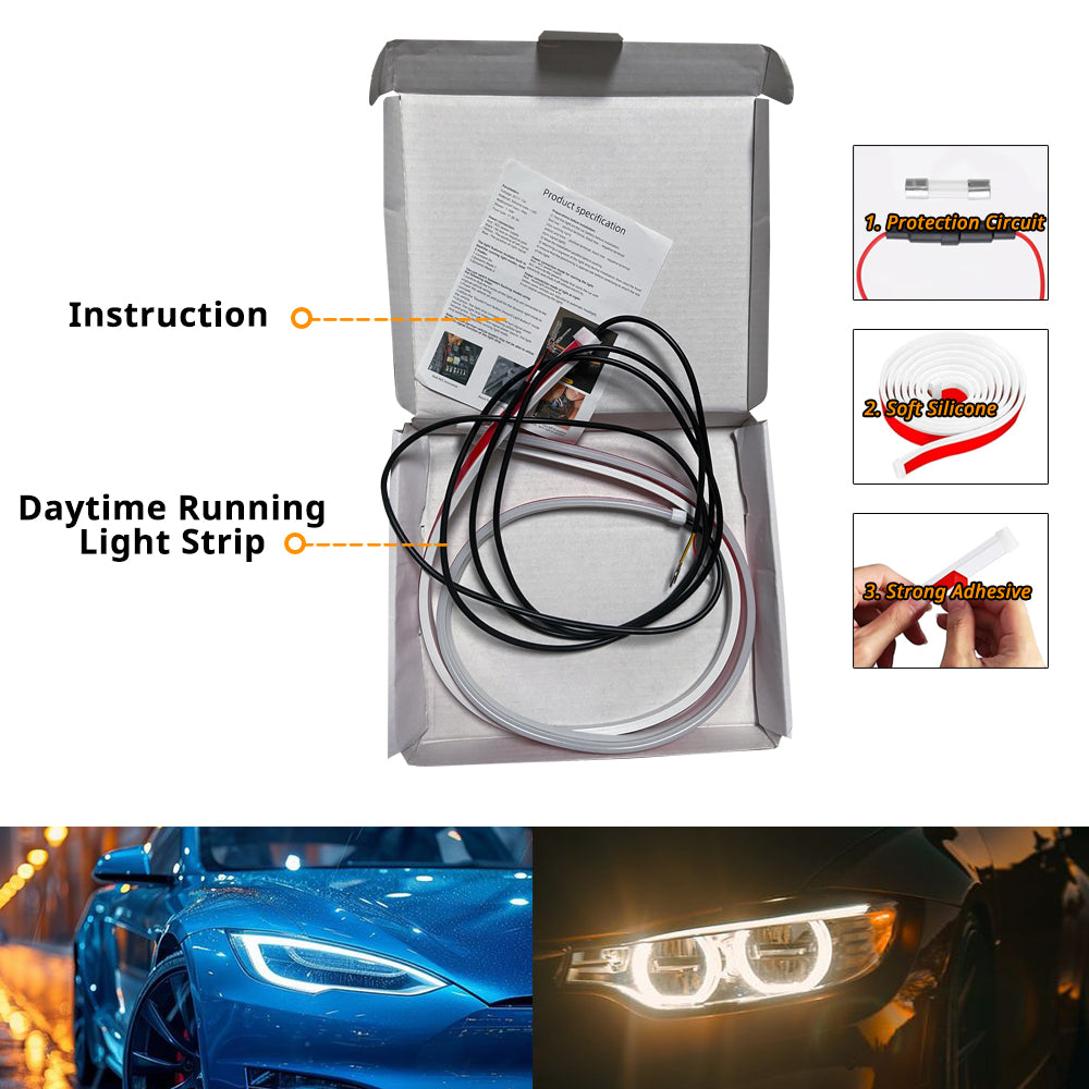 Daytime running headlight LED strip package with wiring, instructions, and installed white and amber lighting examples.