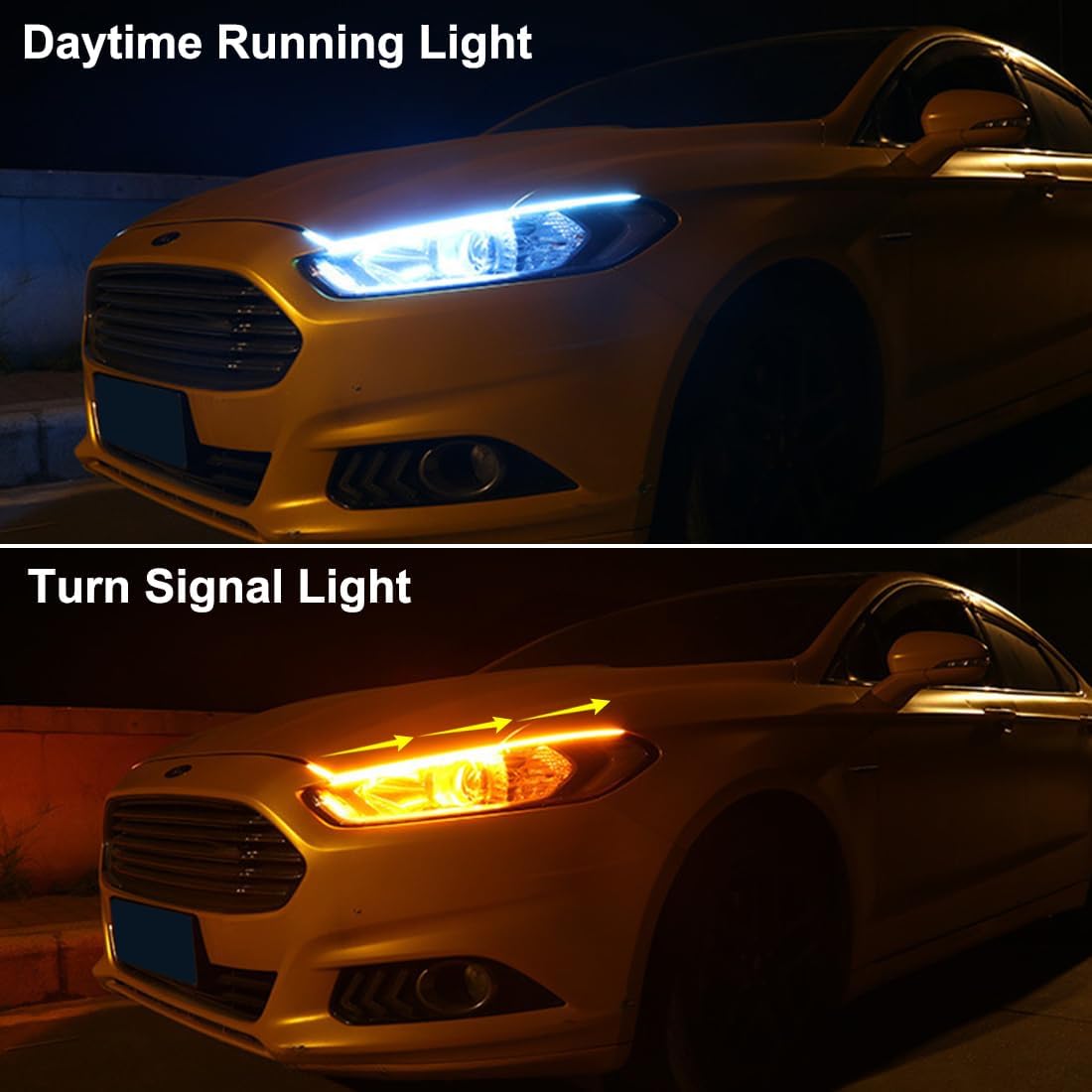 Headlight LED strip switches between white daytime running light and amber turn signal for a sharper front-end look.