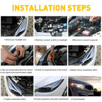 Headlight LED strip installation steps for surface prep, wiring, positioning, and final front-end lighting test.