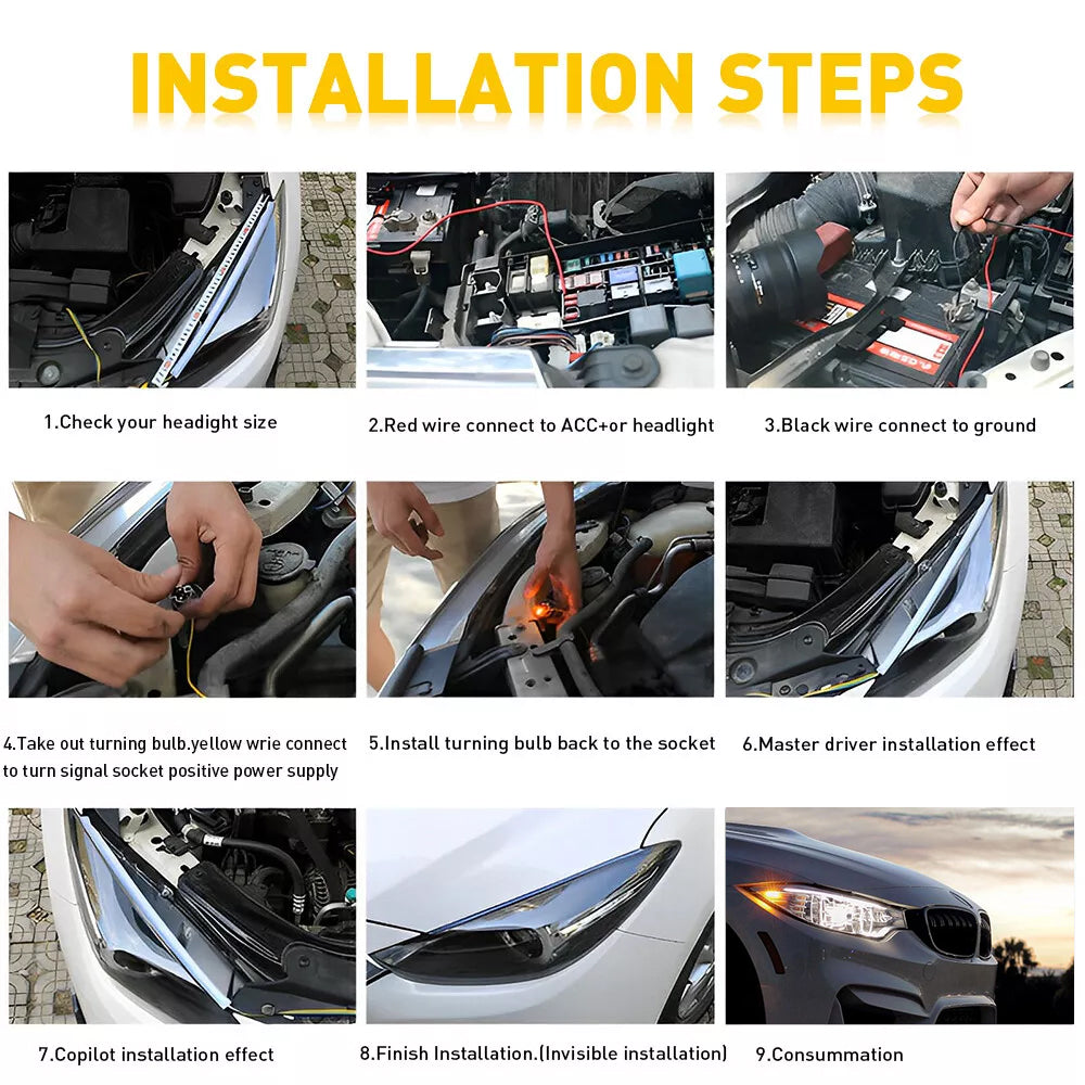 Headlight LED strip installation steps for surface prep, wiring, positioning, and final front-end lighting test.