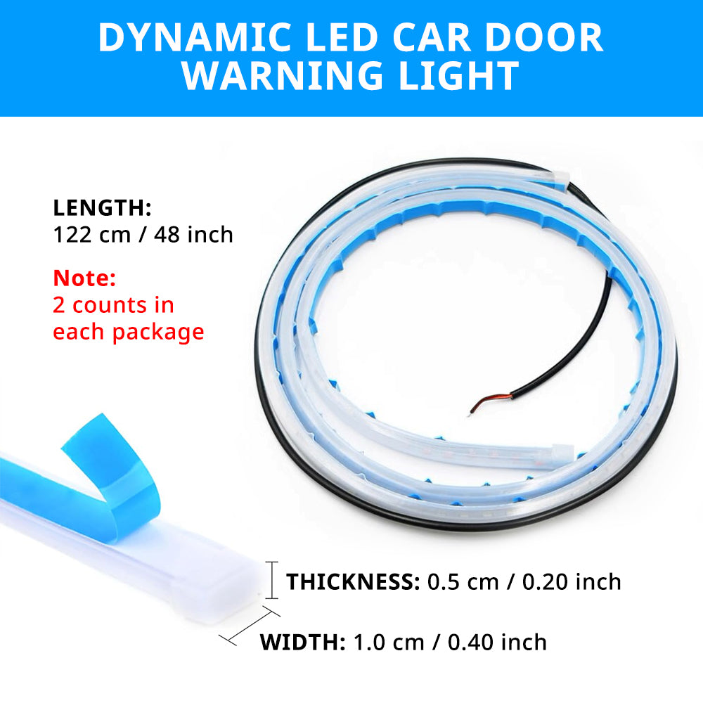 Dynamic car door warning light strip with 48-inch length, slim profile, and two-count package detail for fitment checks.