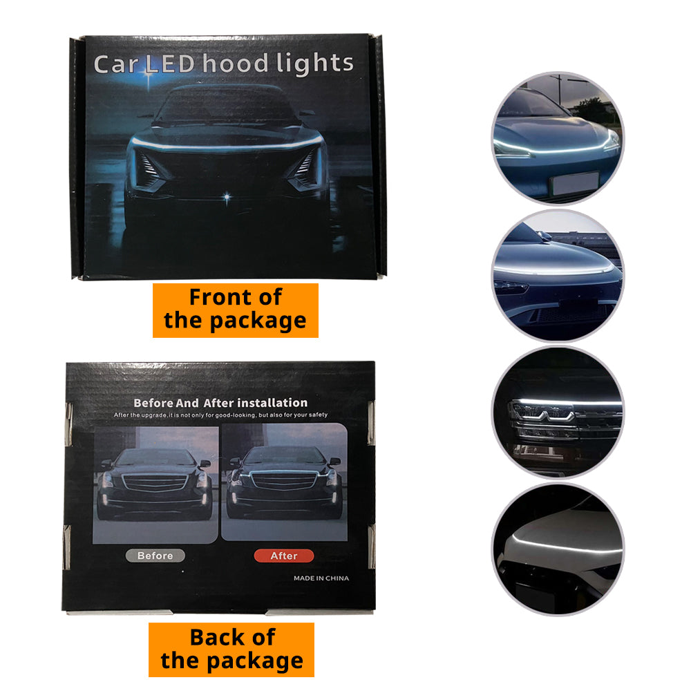 Dynamic hood LED strip package with front and back box views plus white, ice blue, and red lighting scenes.
