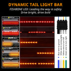 Dynamic tailgate light bar functions for brake lights, turn signals, reverse lights, running lights, and hazard flashes.