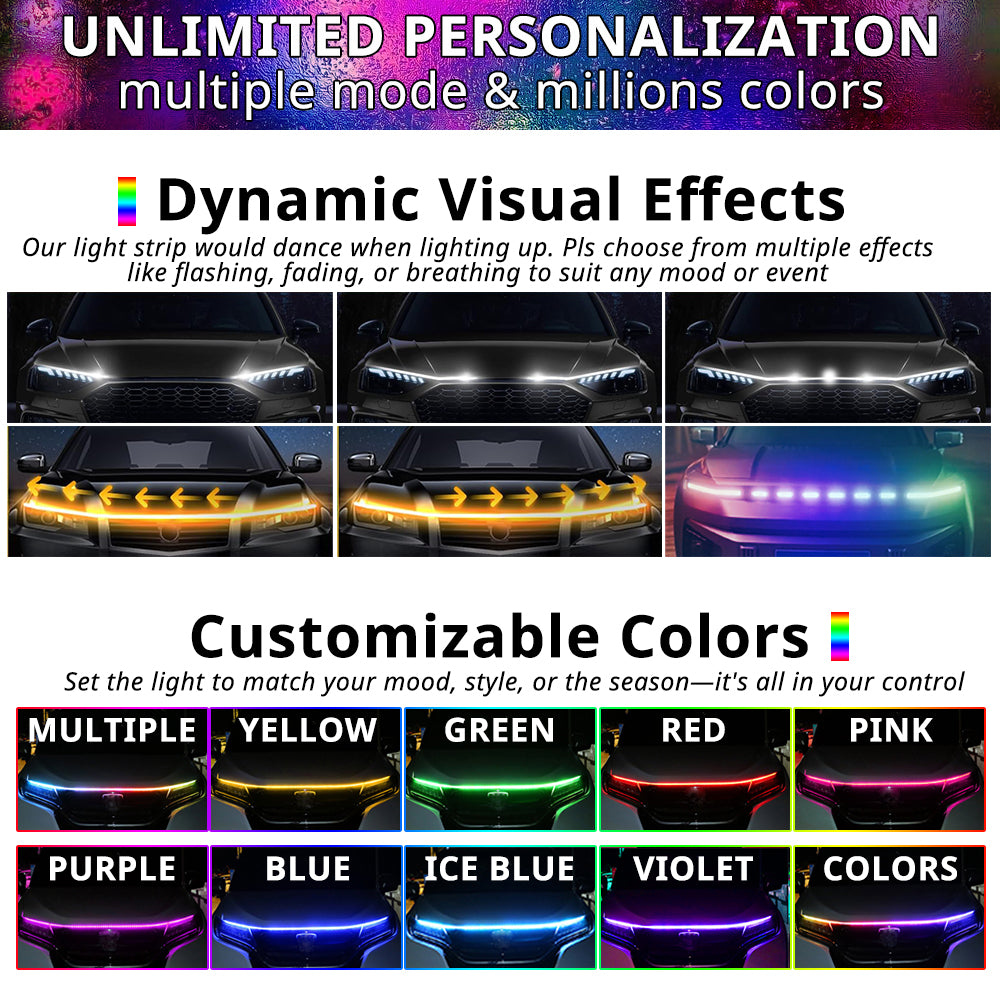 Dynamic RGB hood LED strip effects with multiple modes and colors for personalized front-end lighting.