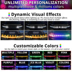 Dynamic RGB hood LED strip effects with multiple modes and colors for personalized front-end lighting.