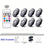 8-piece RGB rechargeable light pack with remote control for wider footwell, door, trunk, and multi-area car accent lighting.
