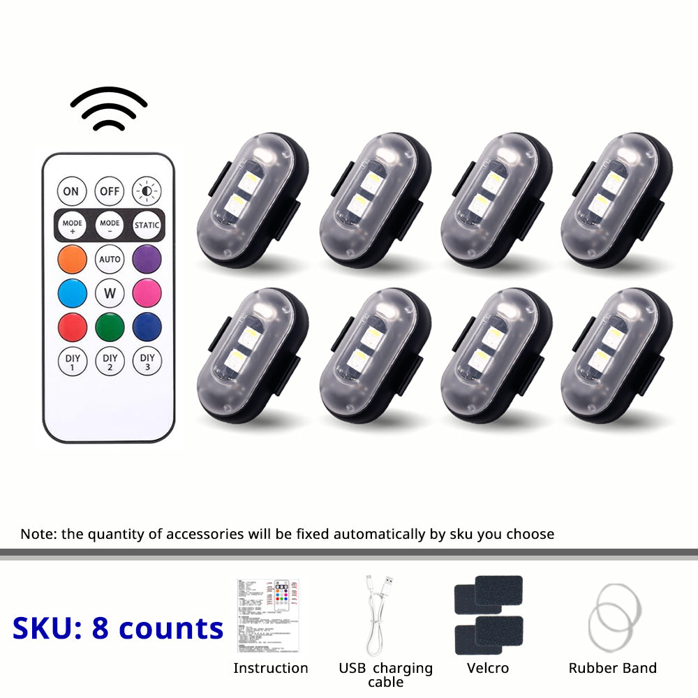 8-piece RGB rechargeable light pack with remote control for wider footwell, door, trunk, and multi-area car accent lighting.
