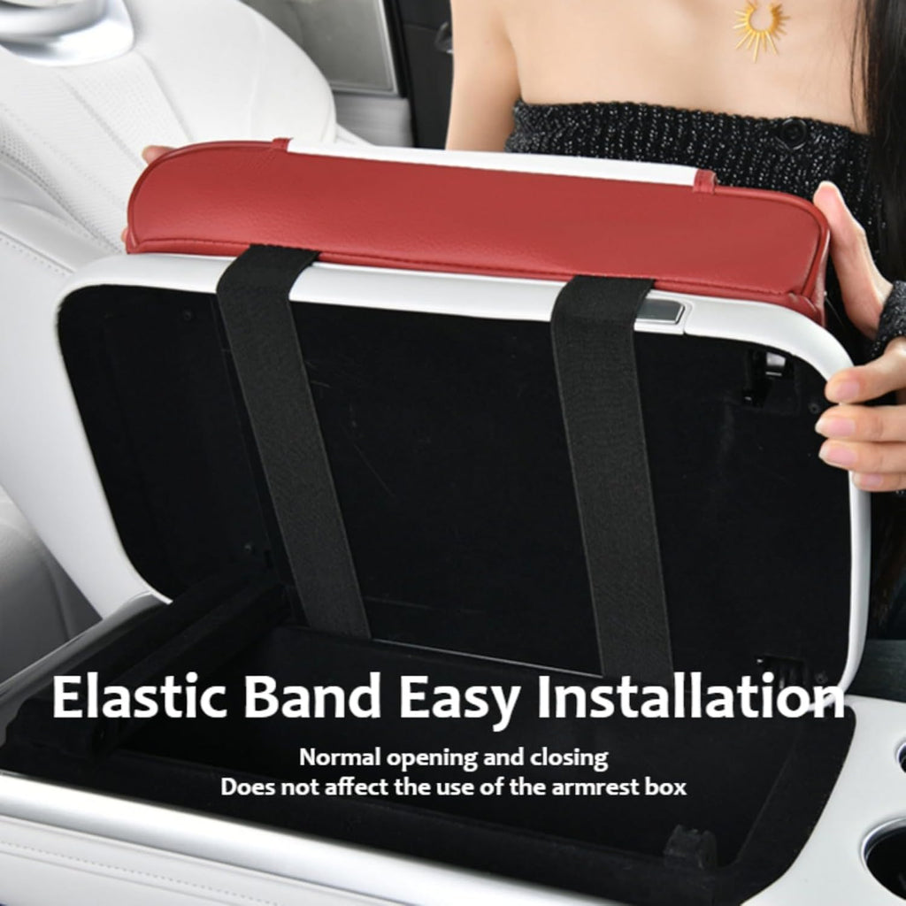 Elastic band installation secures the car armrest organizer to the center console without changing the original armrest.