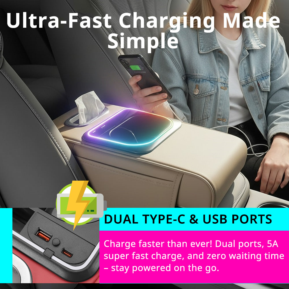 Car armrest organizer with dual USB-C and USB charging ports for powering phones, tablets, and daily drive devices.