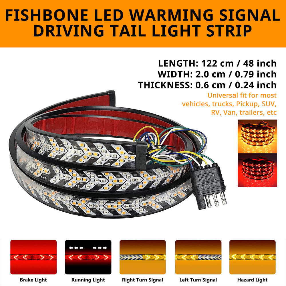 Fishbone tailgate light bar with 48-inch and 60-inch options plus red, amber, and reverse light signal functions.
