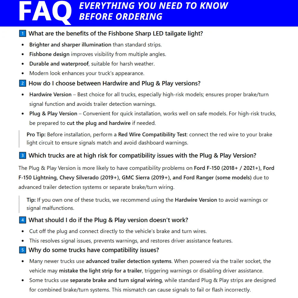Fishbone pickup tailgate light strip FAQ covering Hardwire versus Plug & Play, red wire testing, and truck compatibility concerns.
