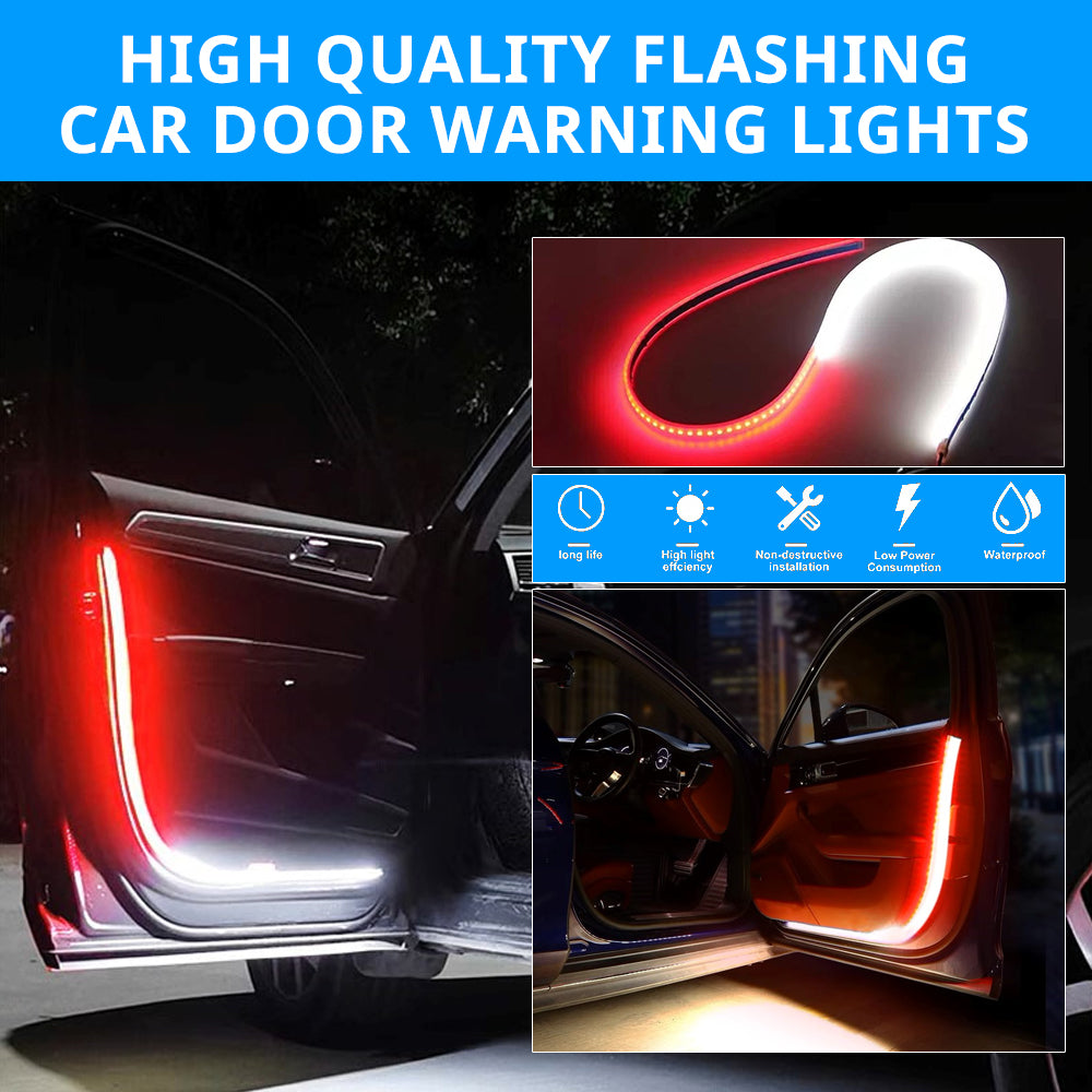 Flashing car door warning light strip with red and white LED edge lighting for stronger roadside door visibility.