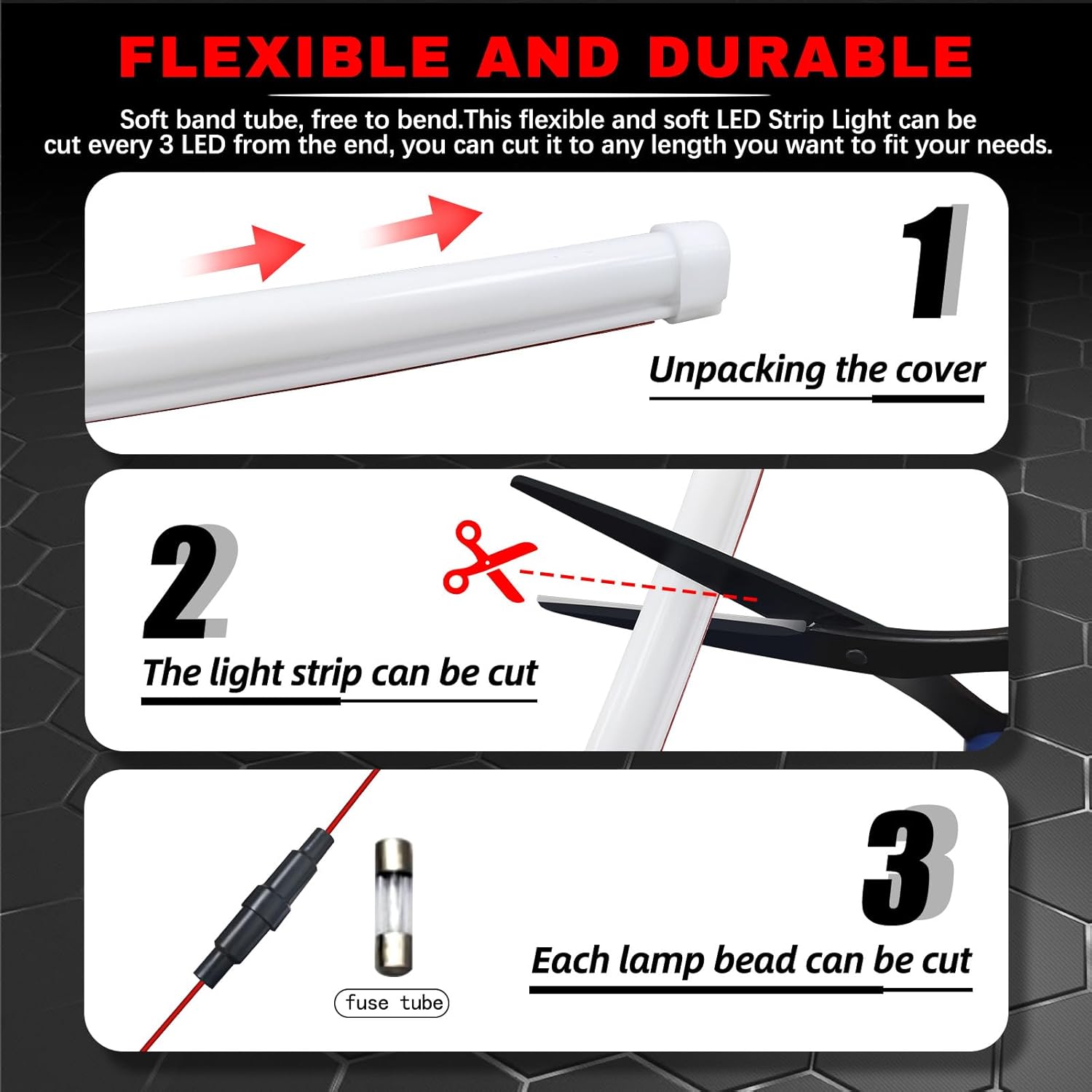 Flexible headlight LED strip can be shaped and cut at marked points for cleaner front-light installation paths.