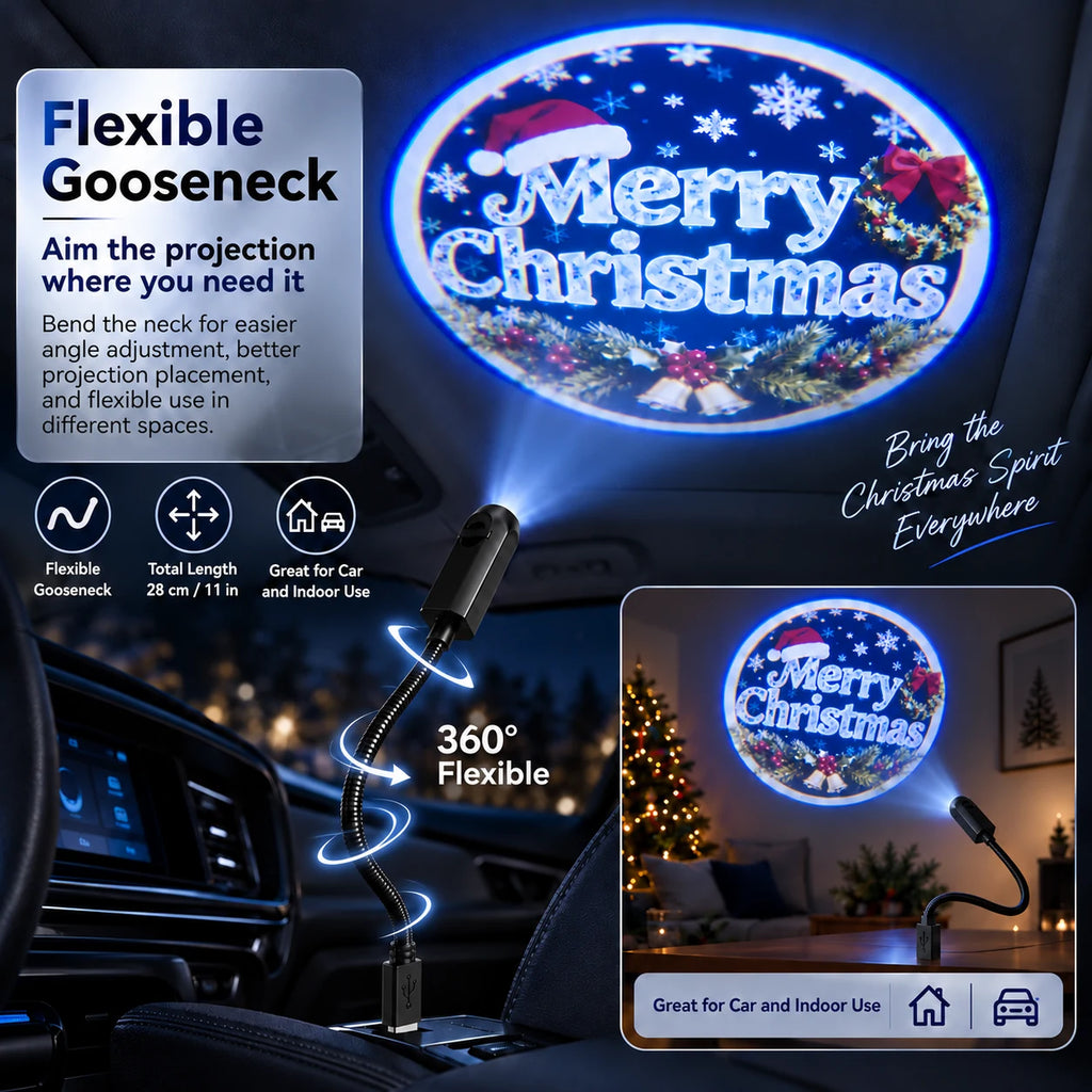 Flexible 28 cm gooseneck Christmas projector aimed at car and indoor ceilings.