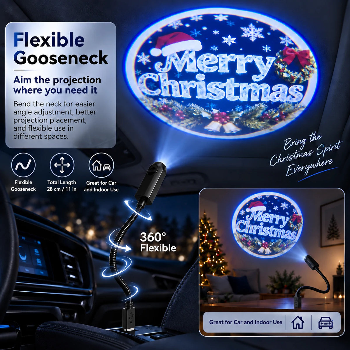 Flexible 28 cm gooseneck Christmas projector aimed at car and indoor ceilings.