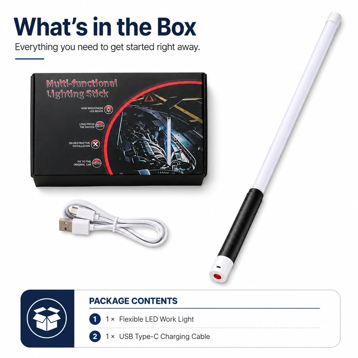 Flexible LED work light package includes one bendable light stick and one USB Type-C charging cable.