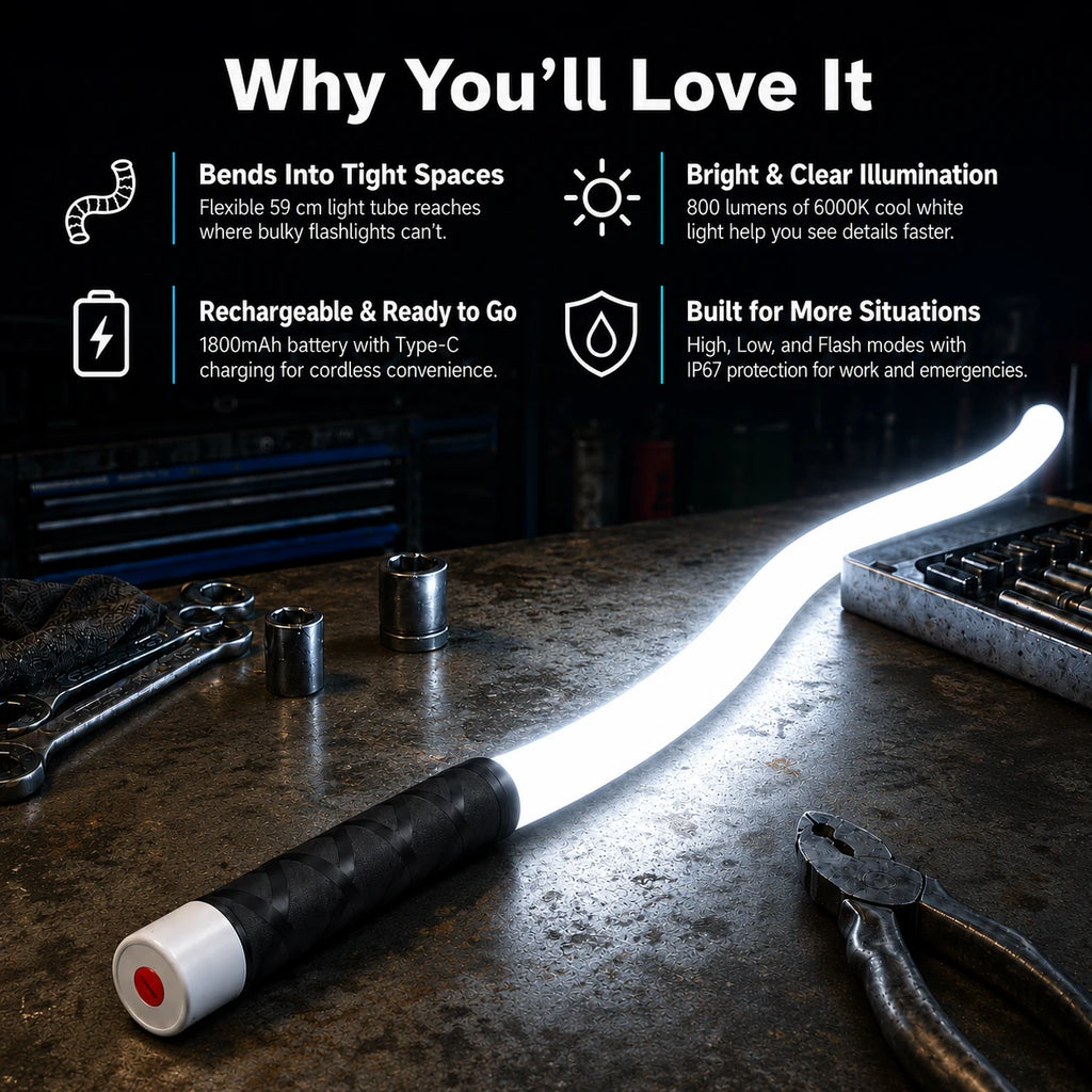 Flexible LED work light key features include tight-space bending, bright illumination, rechargeable power and multi-scene use.