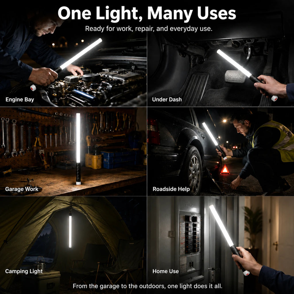 Flexible LED work light used for engine repair, under-dash inspection, garage work, roadside help, camping and home maintenance.