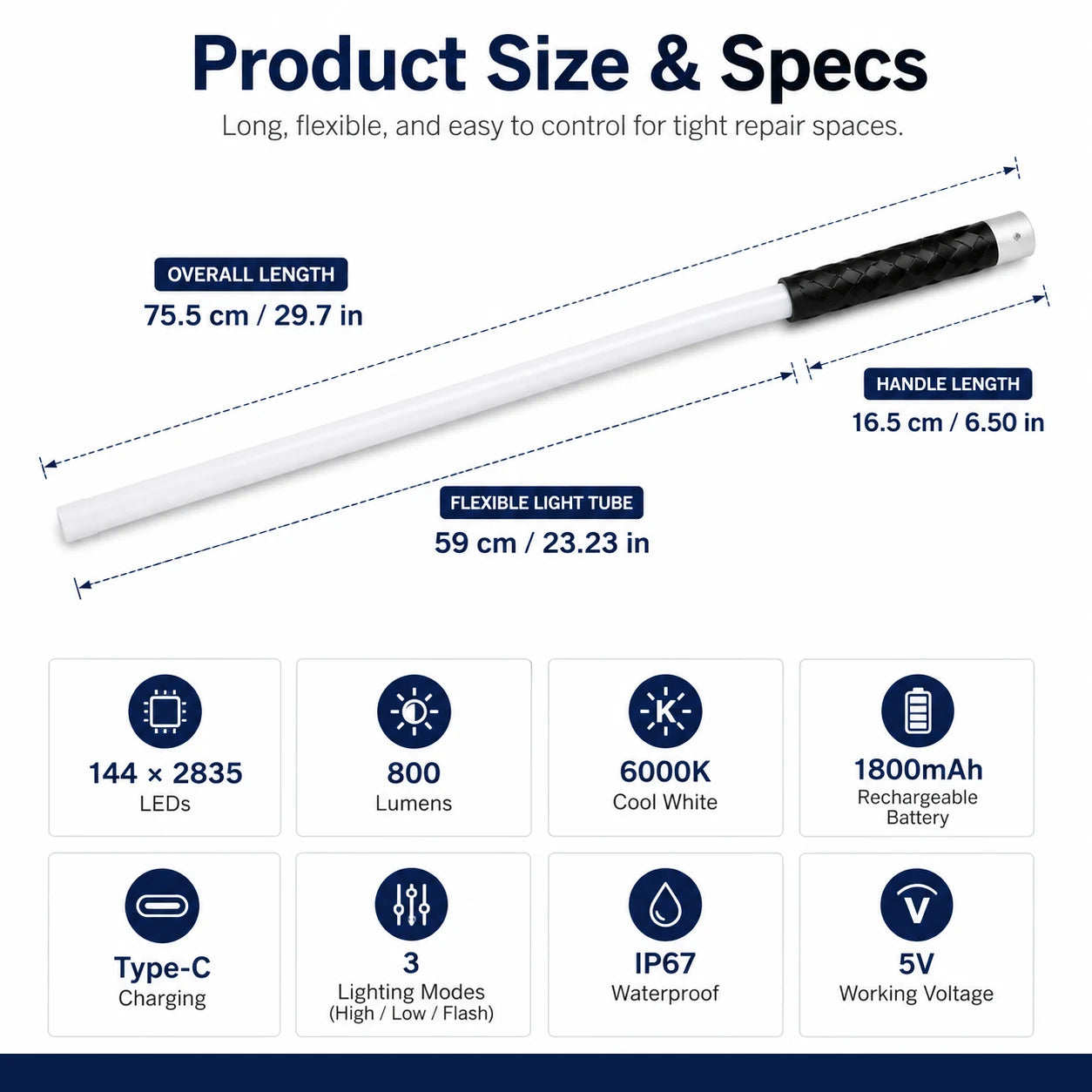 Flexible LED work light size and specifications showing 75.5 cm length, 800 lumens, 6000K light, 1800mAh battery, three modes and IP67 rating.