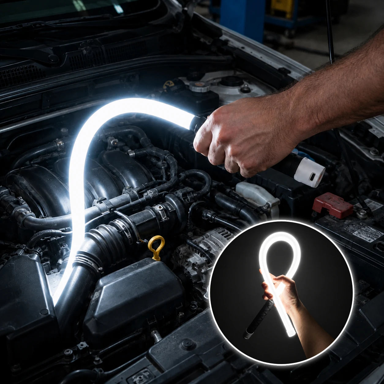 Flexible LED work light stick bent around an open engine bay for bright hands-free car repair lighting.