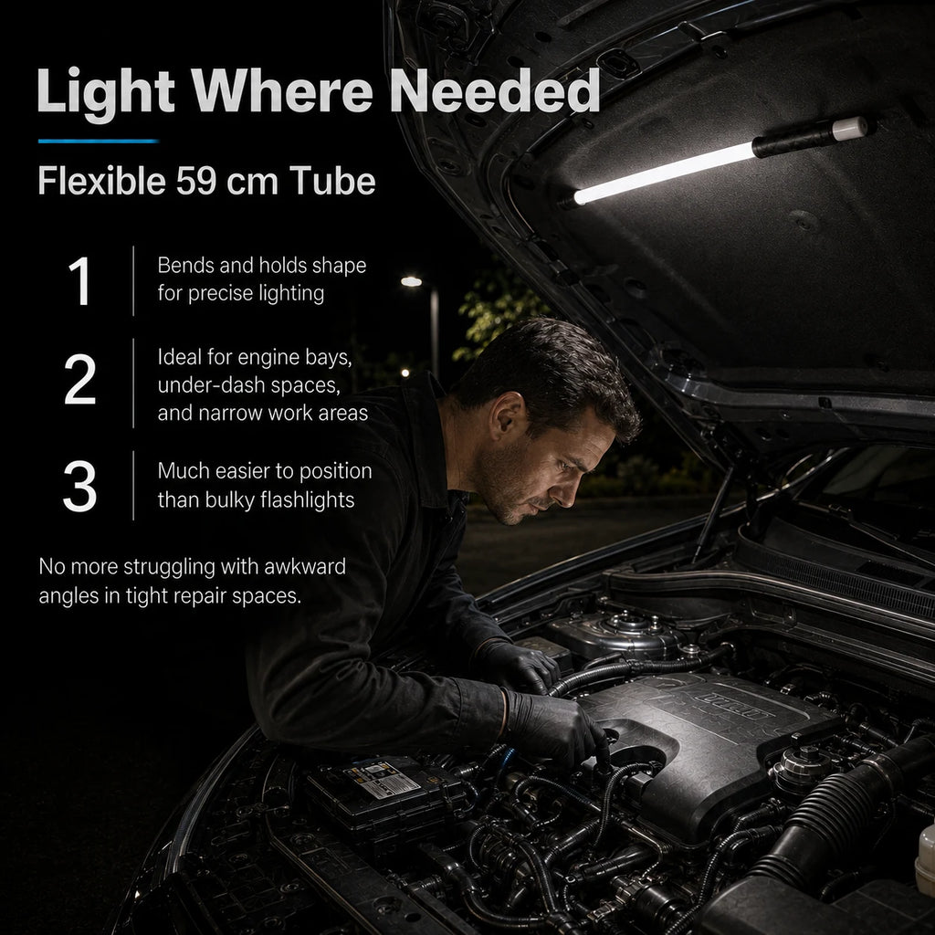 Mechanic positions the 59 cm flexible LED work light inside an engine bay to reach narrow repair spaces hands-free.
