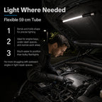 Mechanic positions the 59 cm flexible LED work light inside an engine bay to reach narrow repair spaces hands-free.